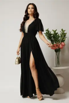 Rochie DY Fashion lunga neagra din voal in clos cu strasuri si tull la decolteu imagine