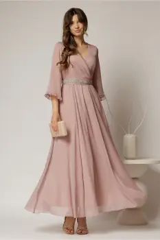 Rochie DY Fashion lunga roz din voal cu fir lurex imagine