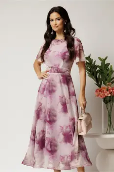 Rochie DY Fashion lunga roz pudrat cu imprimeu floral din voal in croi clos imagine