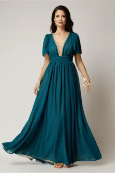 Rochie DY Fashion lunga turcoaz din voal in clos cu strasuri si tull la decolteu imagine