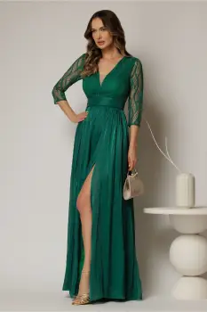 Rochie DY Fashion lunga verde de seara cu bustul din dantela imagine
