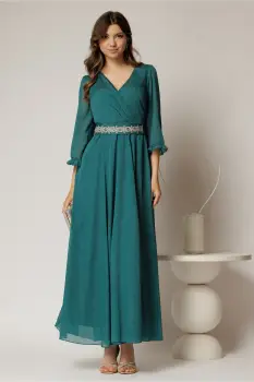 Rochie DY Fashion lunga verde din voal cu fir lurex imagine