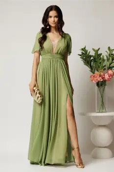 Rochie DY Fashion lunga verde fistic din voal in clos cu strasuri si tull la decolteu imagine