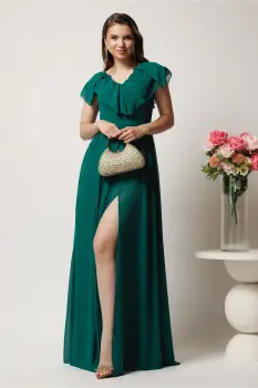 Rochie DY Fashion lunga verde in clos din voal cu volanas la bust si crapatura pe picior imagine