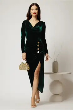 Rochie DY Fashion lunga verdea din catifea cu slit si nasturi decorativi imagine