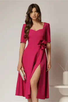 Rochie DY Fashion magenta cu decolteu inima si detaliu floral in talie imagine