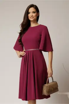 Rochie DY Fashion magenta din crep cu pliuri pe fusta si banda in talie imagine