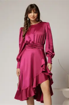 Rochie DY Fashion magenta din satin plin cu croi asimetric imagine