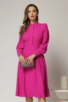 Rochie DY Fashion magenta din triplu voal cu guler tunica si nasturi tip floare imagine