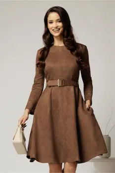 Rochie DY Fashion maro clos din piele intoarsa si curea in talie imagine