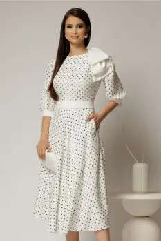 Rochie DY Fashion midi alba cu buline si funda ampla pe umar imagine