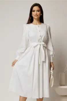 Rochie DY Fashion midi alba din bumbac cu nasturi pe bust si cordon in talie imagine