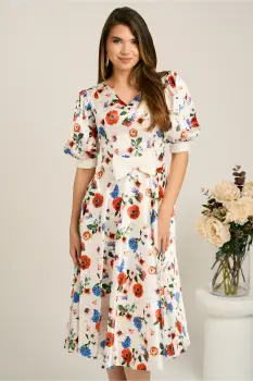 Rochie DY Fashion midi alba din satin in clos cu flori colorate si funda in talie imagine