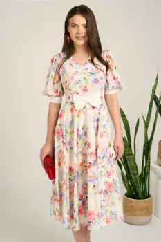 Rochie DY Fashion midi alba din satin in clos cu print floral roz si funda in talie imagine