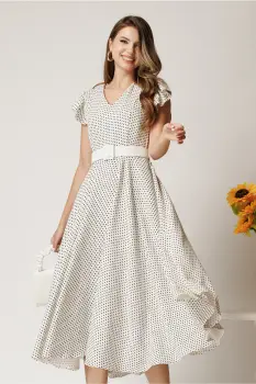 Rochie DY Fashion midi alba din stofa in clos cu buline si curea in talie imagine