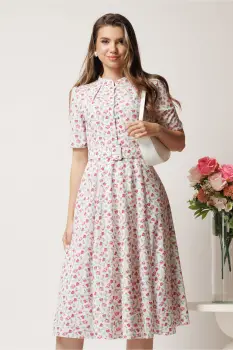 Rochie DY Fashion midi alba in clos din triplu voal cu floricele roz si curea in talie imagine