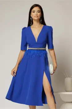 Rochie DY Fashion midi albastra cu cordon cu pene si perle in talie imagine