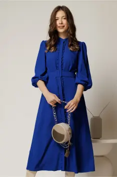 Rochie DY Fashion midi albastra cu maneci bufante si curea in talie imagine