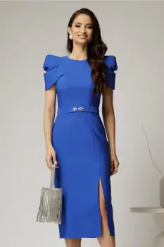 Rochie DY Fashion midi albastra de ocazie cu umeri bufanti si cordon detasabil imagine