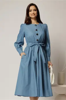 Rochie DY Fashion midi albastra din bumbac cu nasturi pe bust si cordon in talie imagine