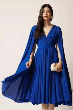 Rochie DY Fashion midi albastra din voal in clos cu nasturi si maneci ample imagine