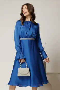 Rochie DY Fashion midi albastra din voal satinat in clos cu perle in talie imagine