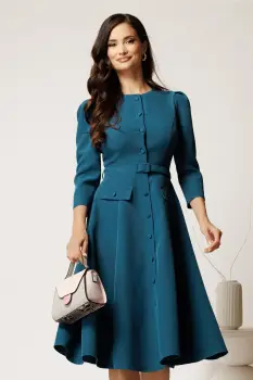 Rochie DY Fashion midi albastru petrol din stofa clos cu nasturi si curea imagine