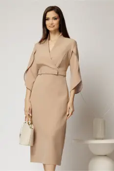 Rochie DY Fashion midi bej conica cu decolteu petrecut si maneci lalea imagine