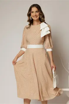 Rochie DY Fashion midi bej cu buline si funda ampla pe umar imagine