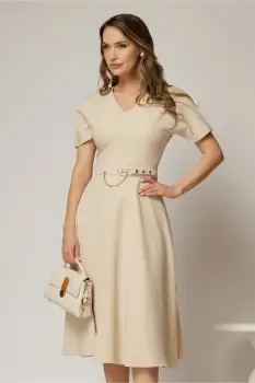 Rochie DY Fashion midi bej cu decolteu in V si curea in talie imagine
