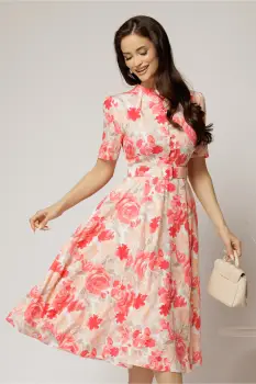 Rochie DY Fashion midi bej cu imprimeu corai in clos din triplu voal cu nasturi la bust si curea in talie imagine