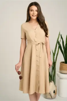 Rochie DY Fashion midi bej din material fluid in clos cu nasturi si cordon in talie imagine