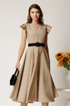 Rochie DY Fashion midi bej din stofa in clos cu buline si curea in talie imagine