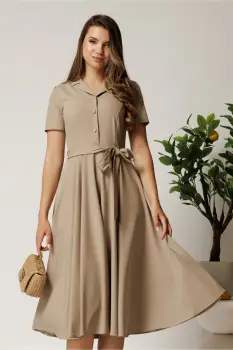 Rochie DY Fashion midi bej din stofa subtire cu cordon si buzunare imagine