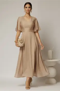 Rochie DY Fashion midi bej din tencel cu insertii sidefate imagine