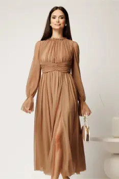 Rochie DY Fashion midi bej din tulle fin in clos cu crapatura pe picior imagine