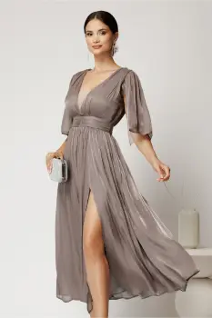Rochie DY Fashion midi bej din voal in clos cu aspect sidefat si maneci sparte imagine