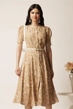 Rochie DY Fashion midi bej in clos cu imprimeuri albe si curea in talie imagine