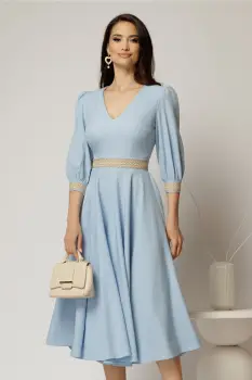 Rochie DY Fashion midi bleu cu banda decorativa pe talie si mansete imagine
