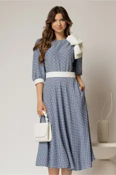 Rochie DY Fashion midi bleu cu buline si funda ampla pe umar imagine