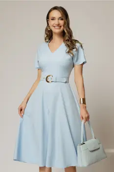 Rochie DY Fashion midi bleu cu decolteu in V si curea in talie imagine