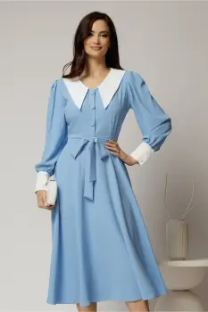 Rochie DY Fashion midi bleu cu guler si mansete in contrast imagine