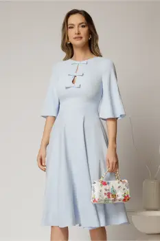 Rochie DY Fashion midi bleu cu maneci evazate si funde pe bust imagine