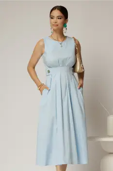 Rochie DY Fashion midi bleu din bumbac cu nasturi si cusaturi pe talie imagine