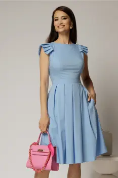 Rochie DY Fashion midi bleu din poplin in clos cu volane la umeri imagine