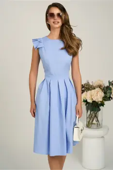 Rochie DY Fashion midi bleu din poplin in clos cu volane la umeri imagine