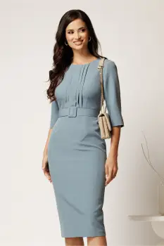 Rochie DY Fashion midi bleu din stofa conica cu pliuri pe bust si curea in talie imagine