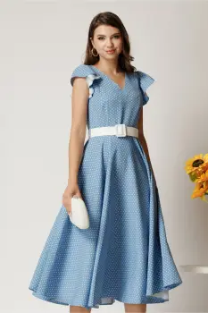 Rochie DY Fashion midi bleu din stofa in clos cu buline si curea in talie imagine