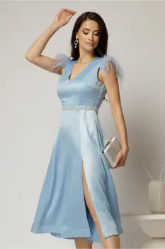 Rochie DY Fashion midi bleu din tafta cu pene la umeri imagine