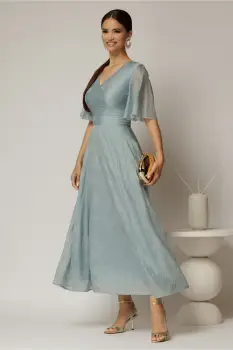 Rochie DY Fashion midi bleu din tencel cu insertii sidefate imagine